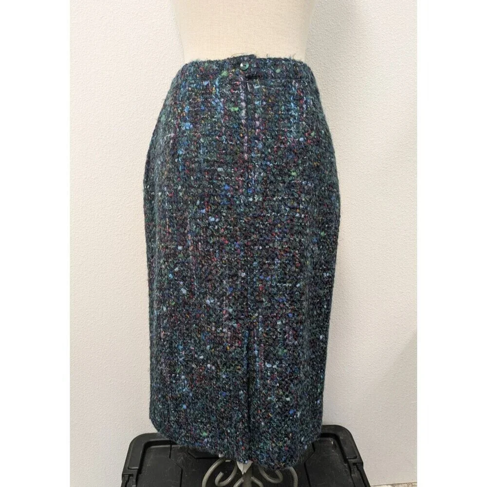 Vintage Y2K Blue Multicolored Rainbow Wool Blend Tweed Boucle Pencil Skirt sz XS